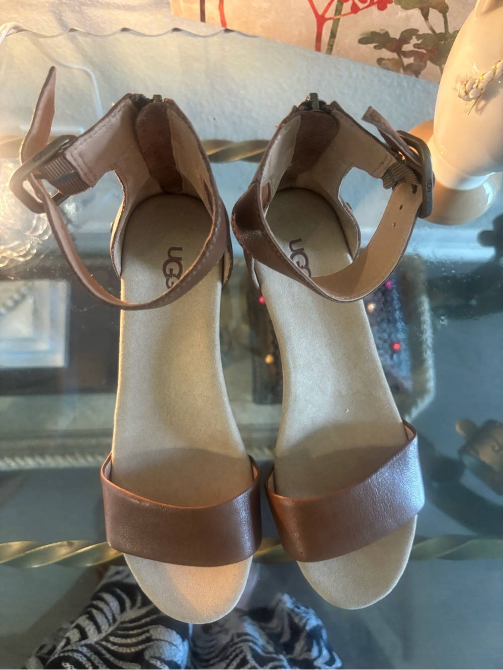 UGG Brown Leather Ankle-Strap Sandals